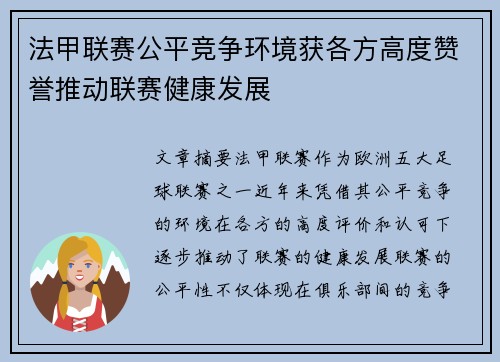 法甲联赛公平竞争环境获各方高度赞誉推动联赛健康发展