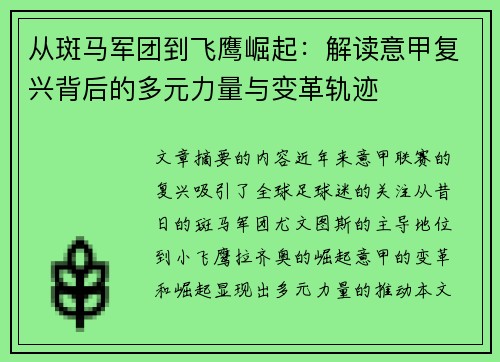 从斑马军团到飞鹰崛起：解读意甲复兴背后的多元力量与变革轨迹