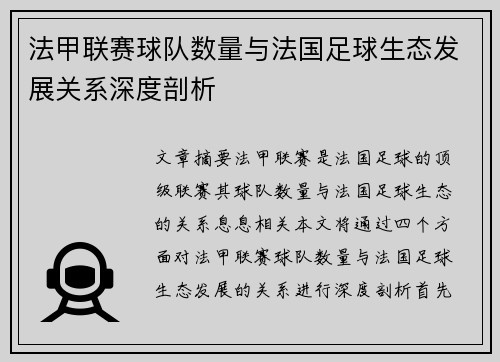 法甲联赛球队数量与法国足球生态发展关系深度剖析